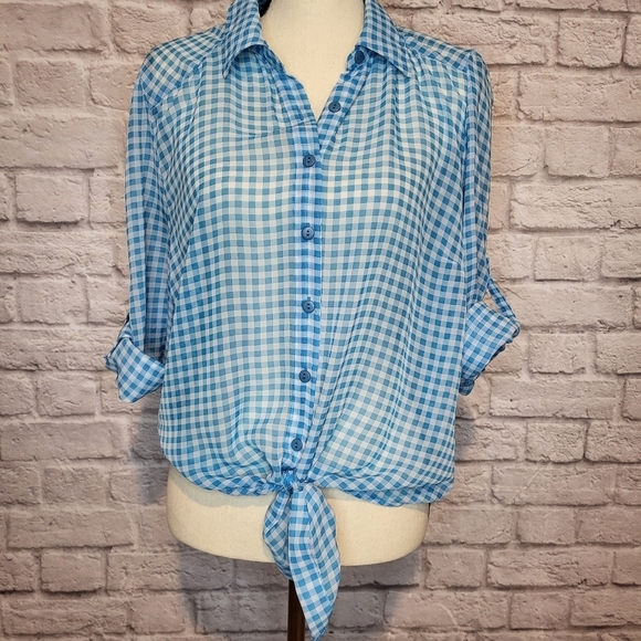 Self Esteem juniors blue white gingham plaid button front tie front top XXL - Picture 3 of 10